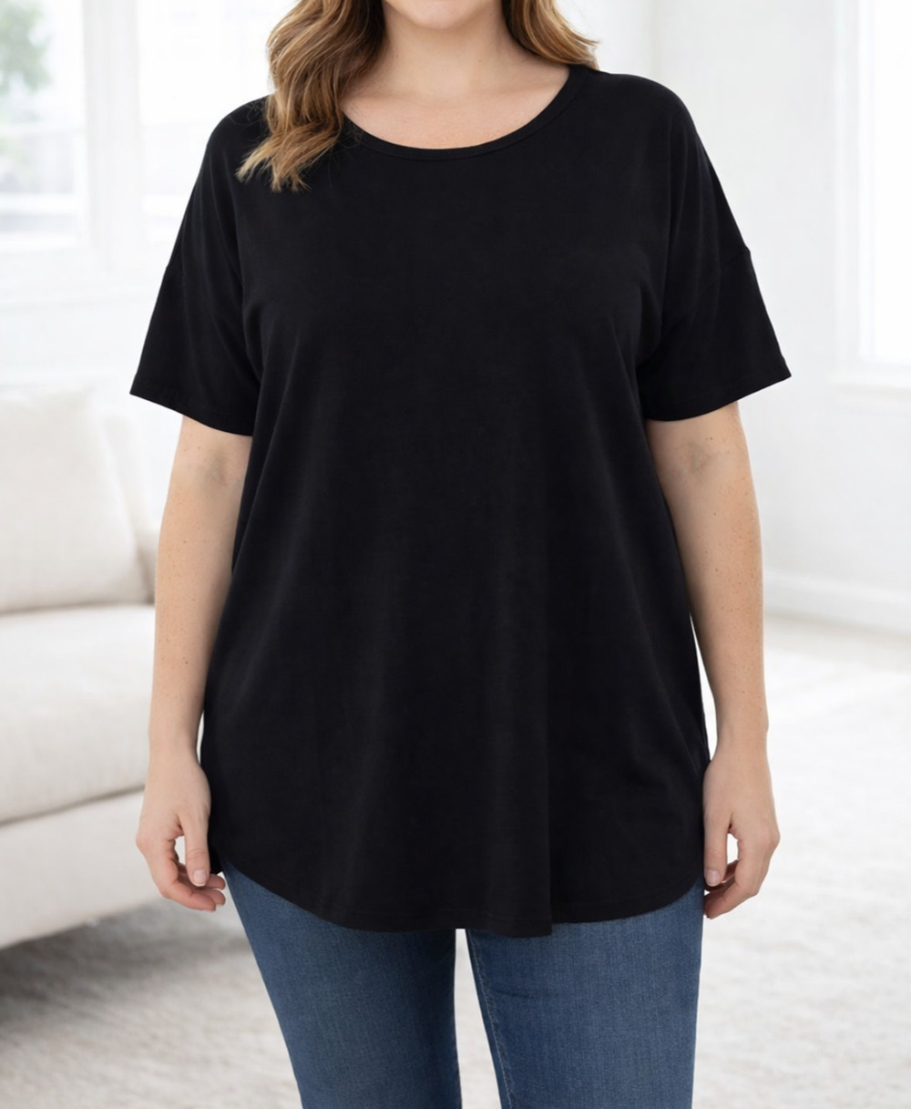 LuLaRoe Women's Top Size L Black Solid Tunic T-Shirt Stretch Knit Short Sleeve